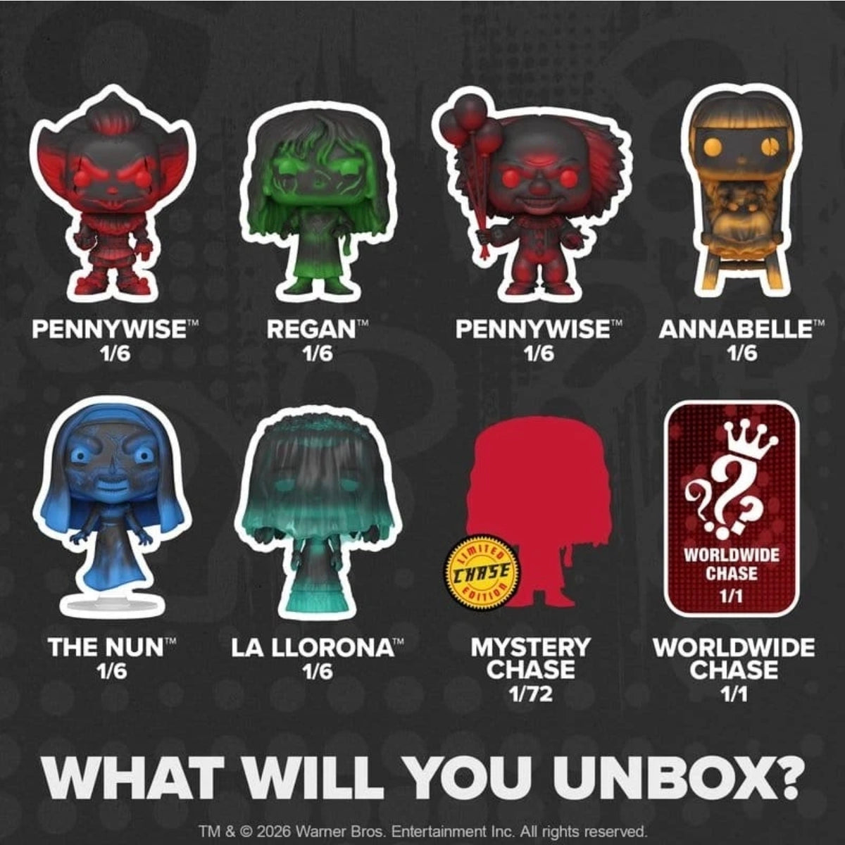 Figurenübersicht der Funko POP! Mystery Warner Bros. Horror-Serie mit Pennywise, Regan, Annabelle, The Nun, La Llorona und Chase-Varianten