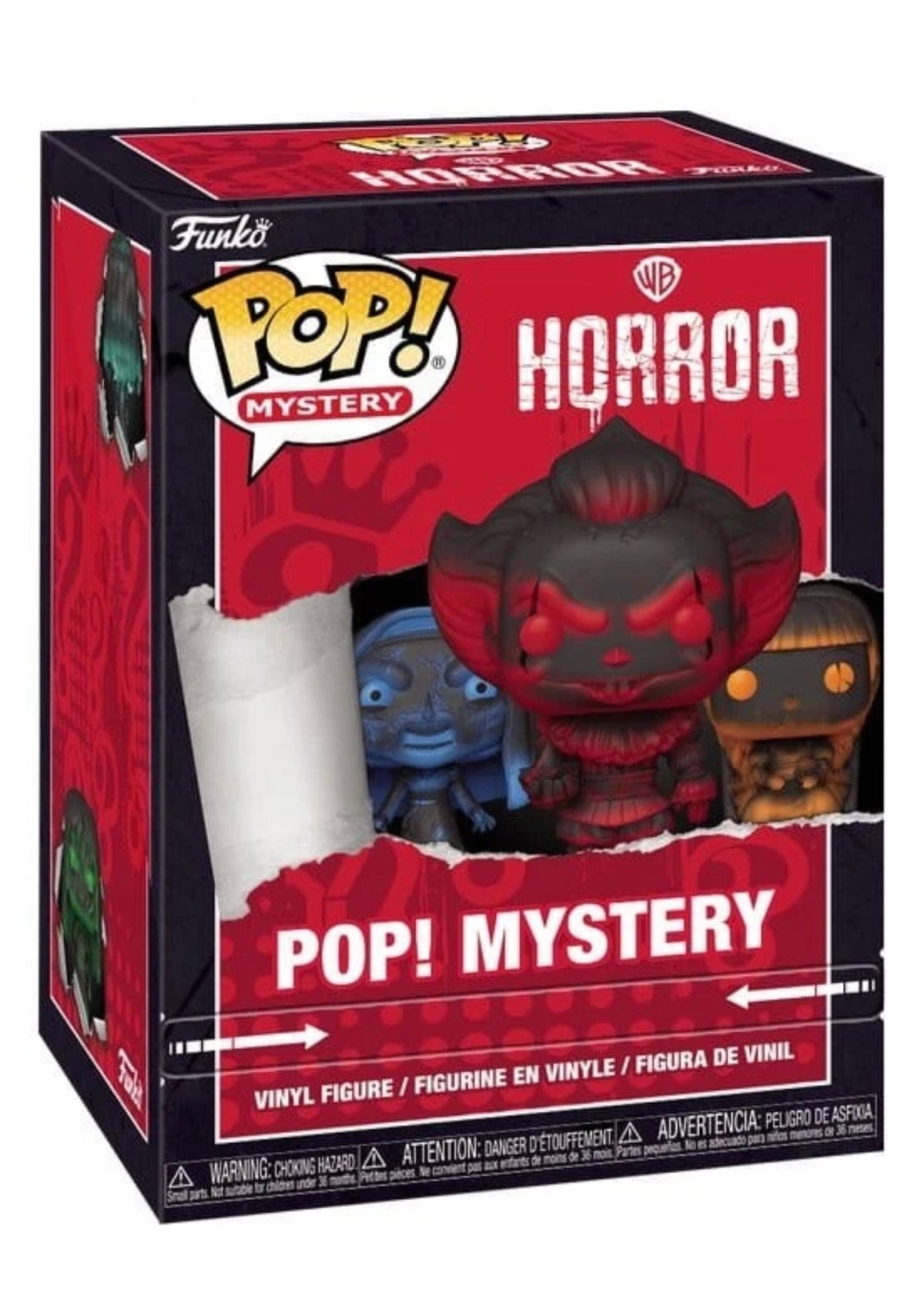 Funko POP! Mystery Warner Bros. Horror Blind Box in rot-schwarzer Verpackung mit abgebildeten Horrorfigure