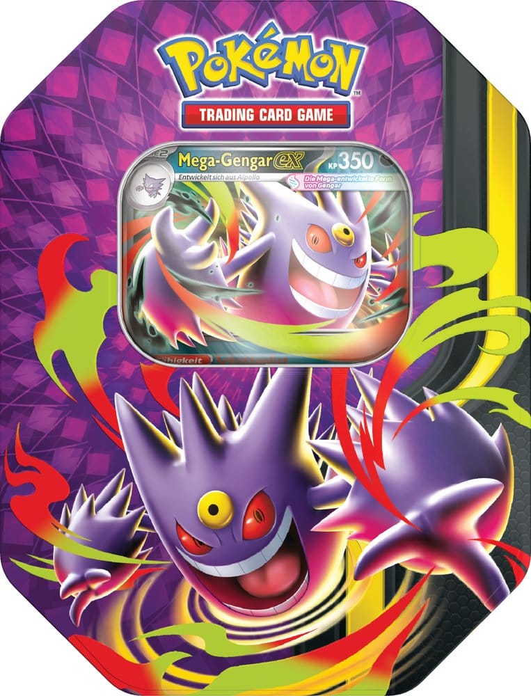 Pokémon TCG Tin Mega-Gengar-EX – Frontansicht der Metalldose mit Gengar-Artwork
