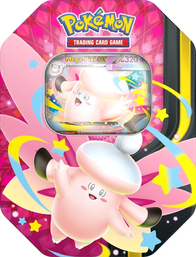 Pokémon TCG Tin Mega-Pixi-EX – Frontansicht der Metalldose mit Pixi-Artwork