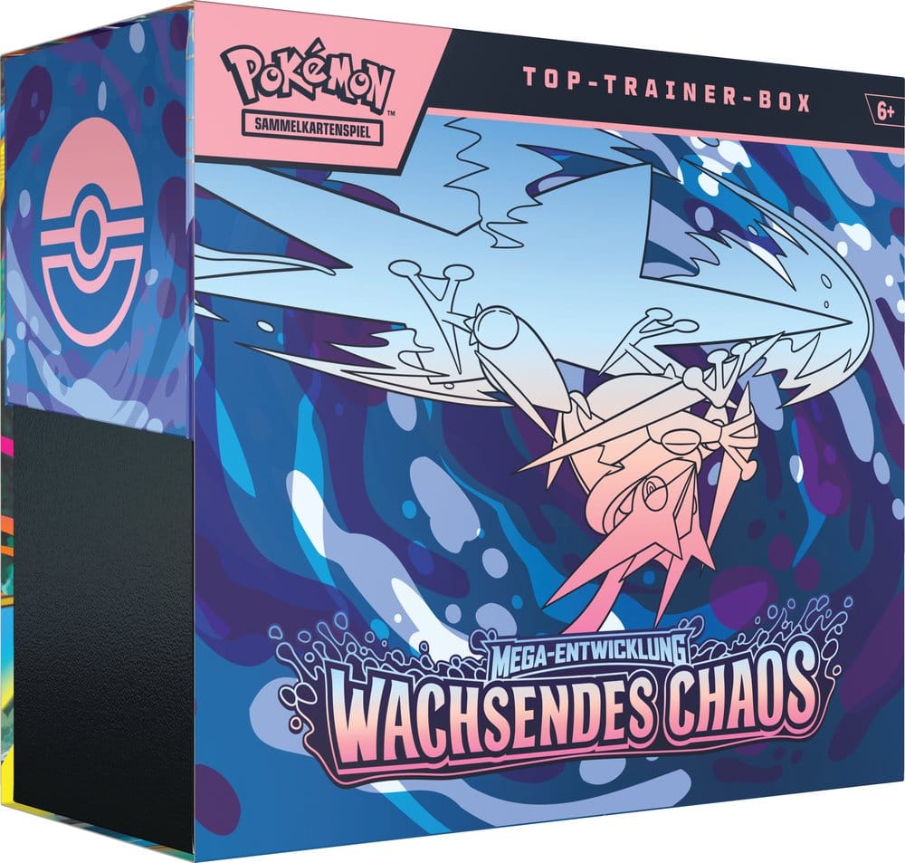 Pokémon TCG Top-Trainer-Box Mega-Entwicklung – Wachsendes Chaos, Deutsche Version, mit 9 Boosterpacks, Fynx-Promokarte, Quajutsu-Kartenhüllen und Sammelbox