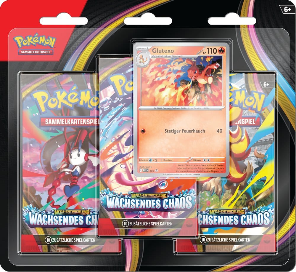 Pokémon TCG Drei-Boosterpack-Blister Mega-Entwicklung – Wachsendes Chaos mit 3 Boosterpacks und holografischer Glutexo-Promokarte