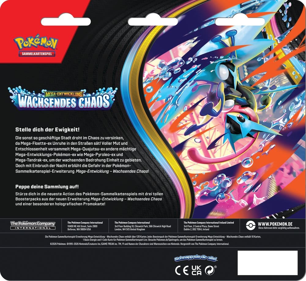 Inhalt des Pokémon TCG Blister Mega-Entwicklung Wachsendes Chaos: 3 Boosterpacks und holografische Promokarte mit Glutexo