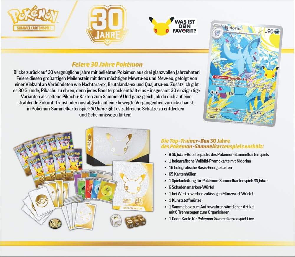 Pokémon TCG 30th Celebration Top-Trainer-Box, deutsche Version, Rückseite der Verpackung