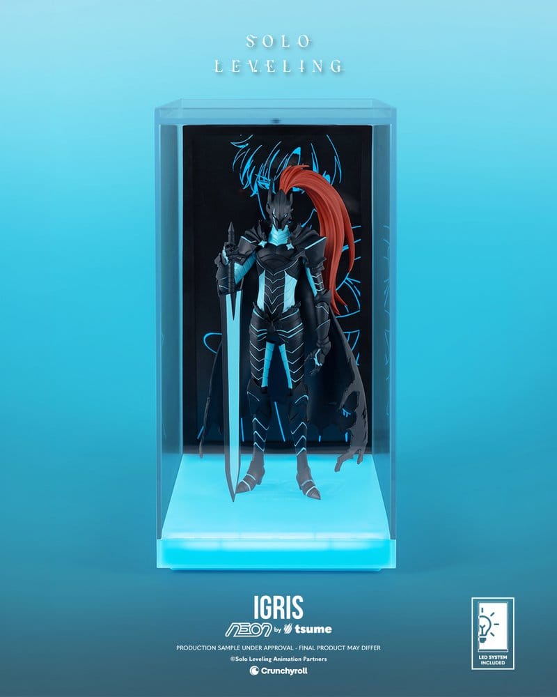 Igris Neon Figur von Tsume Art aus Solo Leveling in Frontansicht mit Schwert, rotem Helmbusch und blau beleuchteter Basis.