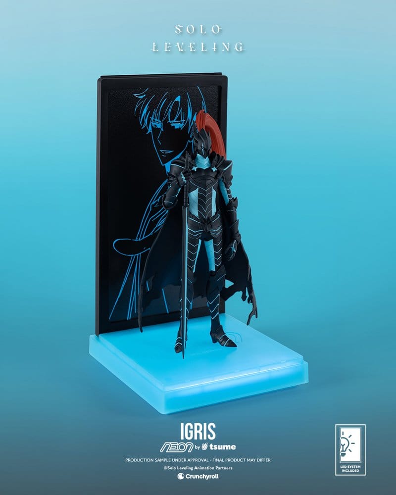  Igris Neon Figur von Tsume Art mit Schwert auf blau beleuchteter Basis vor einem Hintergrund mit Sung-Jinwoo-Motiv.