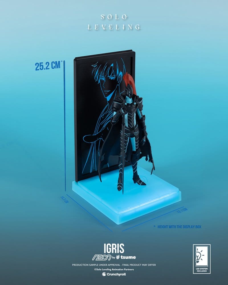  Igris Neon Figur aus Solo Leveling von Tsume Art in Schrägansicht mit beleuchteter Basis, Hintergrundmotiv und Maßangaben.