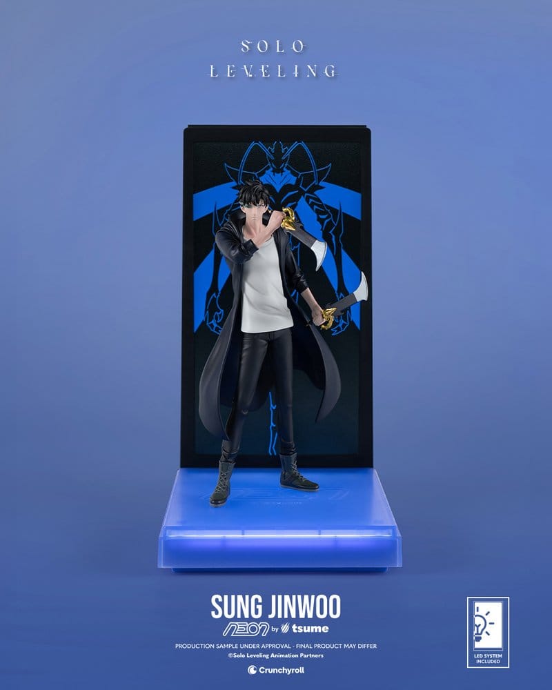 Sung Jinwoo Neon Figur von Tsume Art in Frontansicht vor blauem Schattenkrieger-Motiv mit beleuchteter Basis.